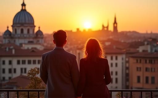 Una coppia si gode una vista panoramica di Roma da una terrazza privata.